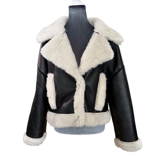 Abercrombie & Fitch Jackets & Blazers - Abercrombie & Fitch Womens Black Vegan Leather Sherpa-Lined Aviator Jacket Size